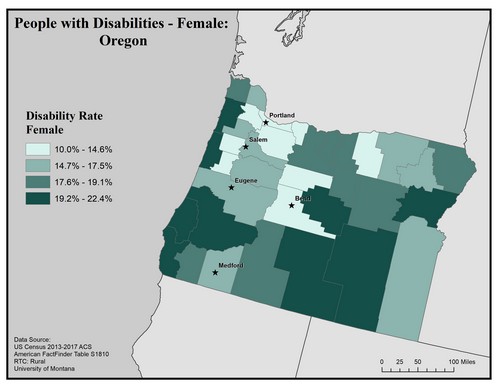 Map of OR showing rates of disability among females. Text description on page. 