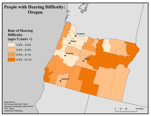 Map of OR showing rates of hearing impairment by county. Text description on page. 
