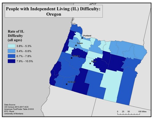 Map of OR showing rates of IL difficulty. Text description on page.