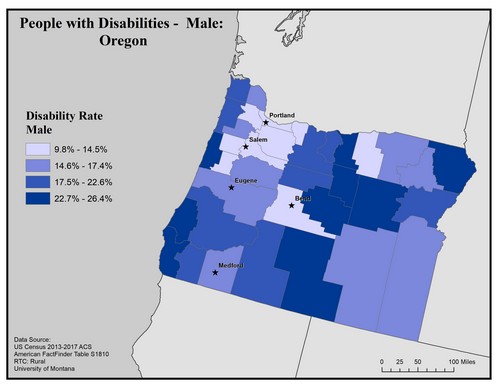 Map of OR showing rates of disability among males. Text description on page. 
