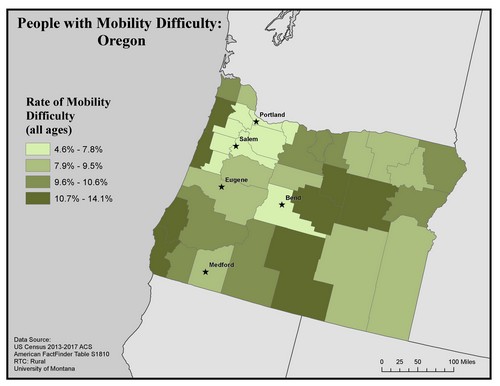 Map of OR showing rates of mobility difficulty. Text description on page.