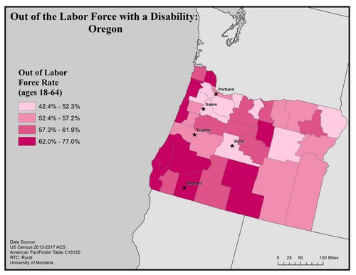 Map of OR showing rates of people with disability out of labor force. Text description on page.