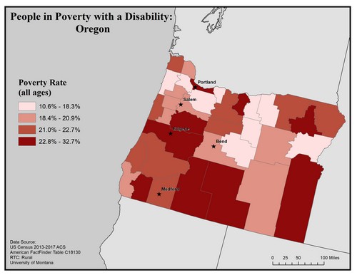 Map of OR showing rates of people with disabilities in poverty. Text description on page.