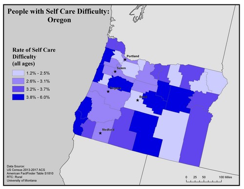 Map of OR showing rates of self-care difficulty. Text description on page.