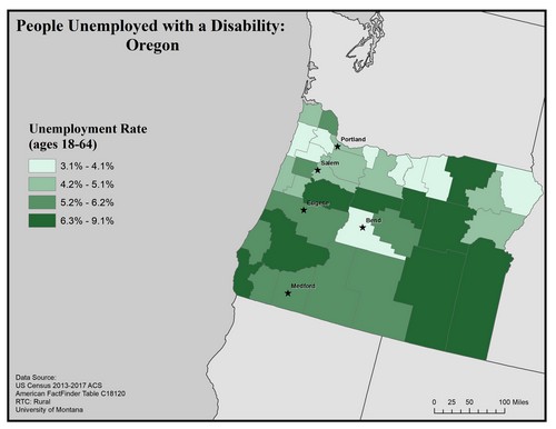 Map of OR showing rates of unemployment for people with disabilities. Text description on page.