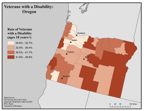 Map of OR showing rates of veterans with disability. Text description on page.
