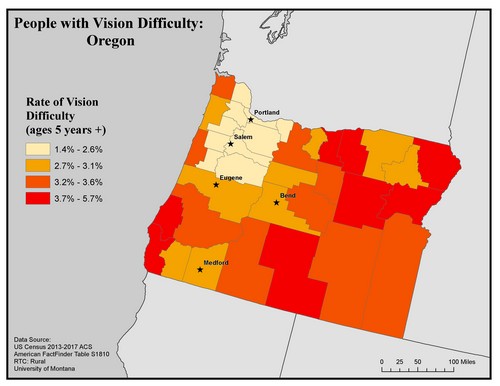 Map of OR showing rates of vision difficulty by county. Text description on page.