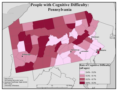 Map of PA showing rates of cognitive difficulty. Text description on page.