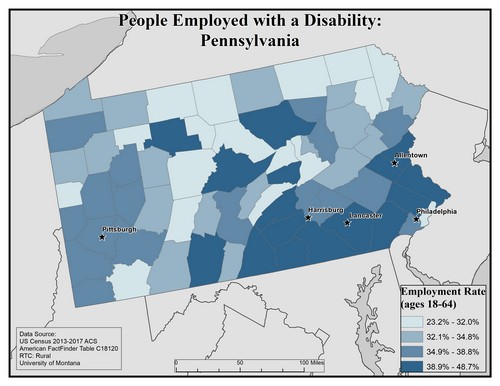 Map of PA showing rates of people with disability employed. Text description on page.