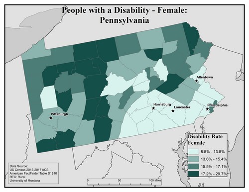 Map of PA showing rates of disability among females. Text description on page. 