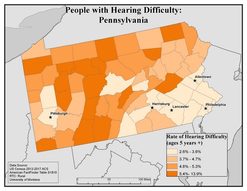 Map of PA showing rates of hearing impairment by county. Text description on page. 