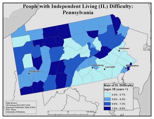 Map of PA showing rates of IL difficulty. Text description on page.