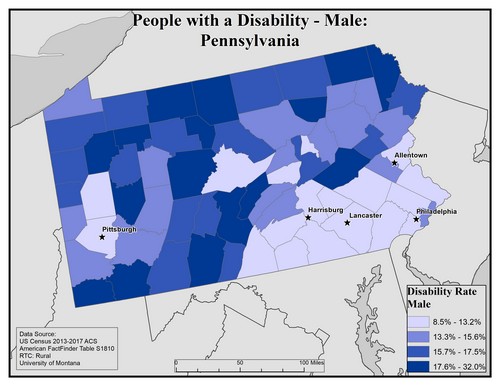 Map of PA showing rates of disability among males. Text description on page. 