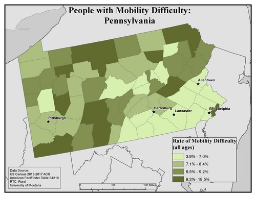 Map of PA showing rates of mobility difficulty. Text description on page.