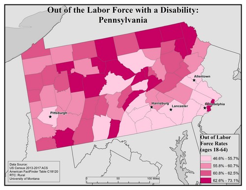 Map of PA showing rates of people with disability out of labor force. Text description on page.