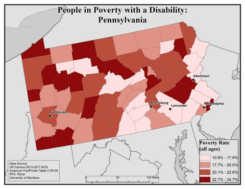 Map of PA showing rates of people with disabilities in poverty. Text description on page.