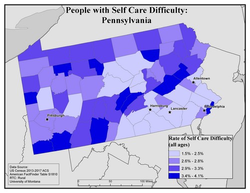 Map of PA showing rates of self-care difficulty. Text description on page.
