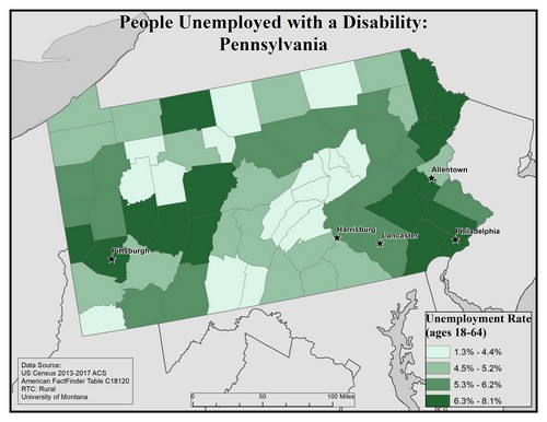 Map of PA showing rates of unemployment for people with disabilities. Text description on page.