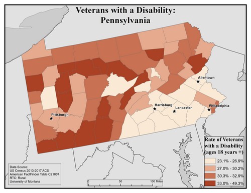 Map of PA showing rates of veterans with disability. Text description on page.