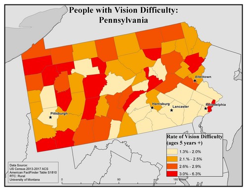 Map of PA showing rates of vision difficulty by county. Text description on page.