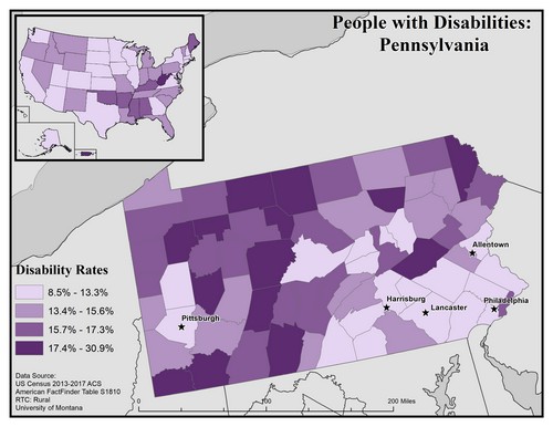 map of PA showing disability rate by county. Text description on page. 