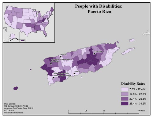 map of PR showing disability rate by county. Text description on page. 