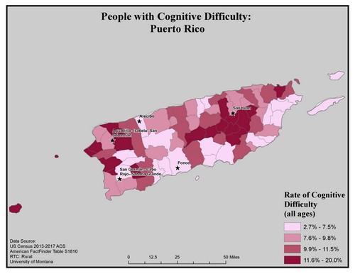 Map of PR showing rates of cognitive difficulty. Text description on page.