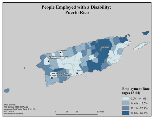Map of PR showing rates of people with disability employed. Text description on page.