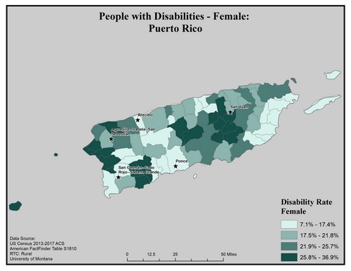 Map of PR showing rates of disability among females. Text description on page. 
