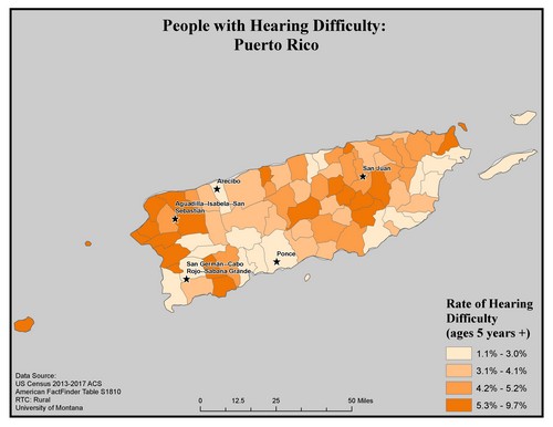 Map of PR showing rates of hearing impairment by county. Text description on page. 