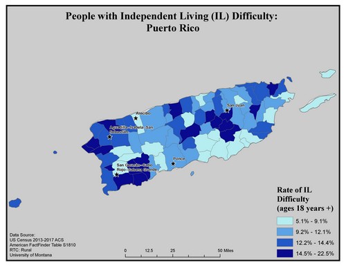 Map of PR showing rates of IL difficulty. Text description on page.