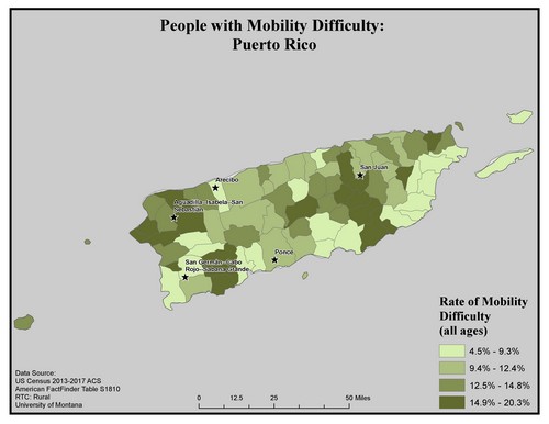 Map of PR showing rates of mobility difficulty. Text description on page.
