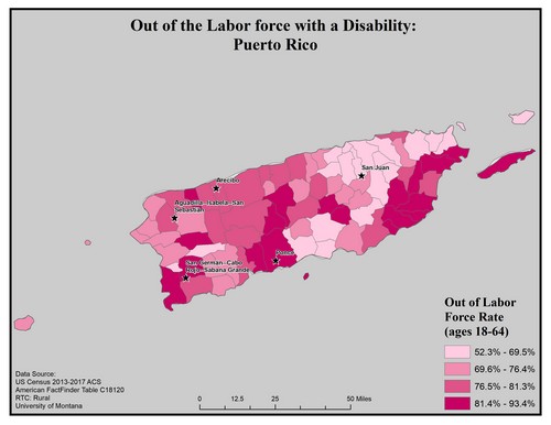 Map of PR showing rates of people with disability out of labor force. Text description on page.