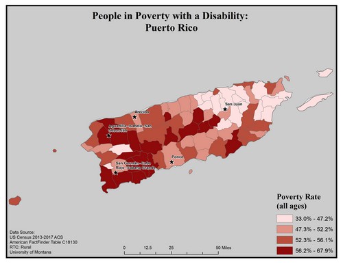 Map of PR showing rates of people with disabilities in poverty. Text description on page.