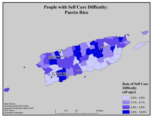 Map of PR showing rates of self-care difficulty. Text description on page.