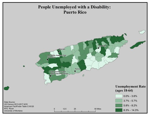 Map of PR showing rates of unemployment for people with disabilities. Text description on page.