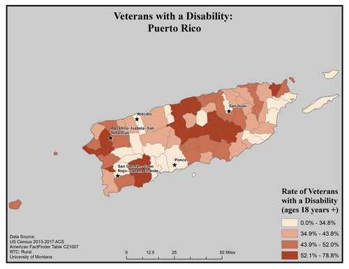 Map of PR showing rates of veterans with disability. Text description on page.