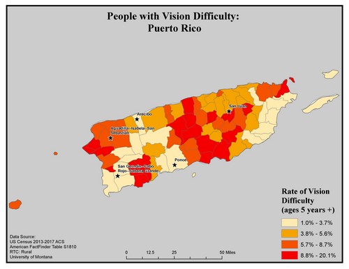 Map of PR showing rates of vision difficulty by county. Text description on page.