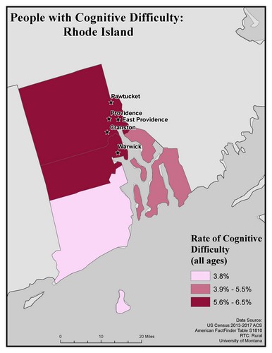 Map of RI showing rates of cognitive difficulty. Text description on page.