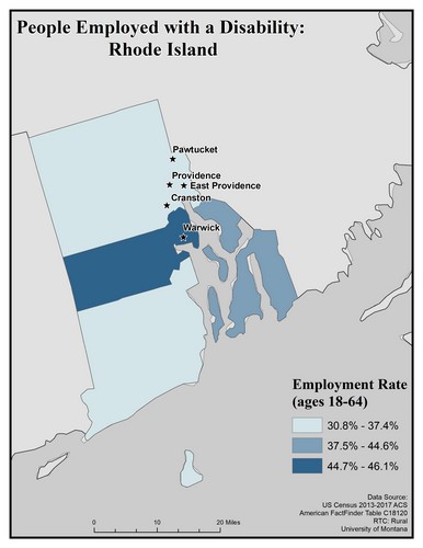 Map of RI showing rates of people with disability employed. Text description on page.