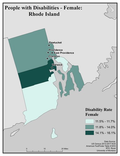 Map of RI showing rates of disability among females. Text description on page. 