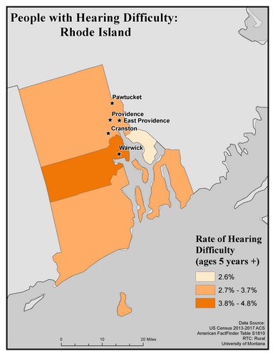 Map of RI showing rates of hearing impairment by county. Text description on page. 