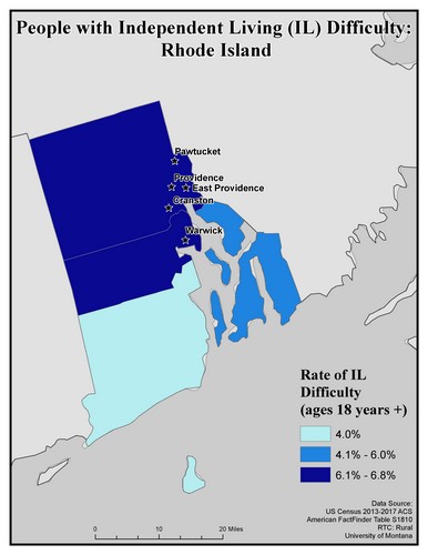 Map of RI showing rates of IL difficulty. Text description on page.