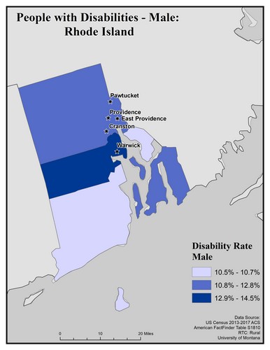 Map of RI showing rates of disability among males. Text description on page. 
