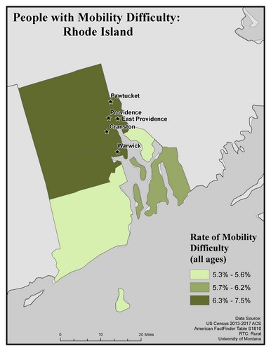 Map of RI showing rates of mobility difficulty. Text description on page.