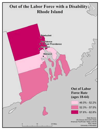 Map of RI showing rates of people with disability out of labor force. Text description on page.
