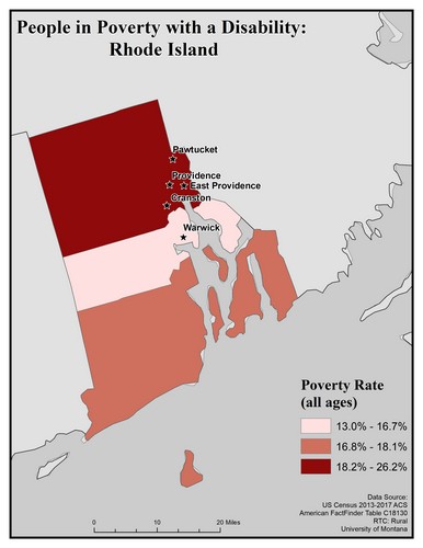 Map of RI showing rates of people with disabilities in poverty. Text description on page.