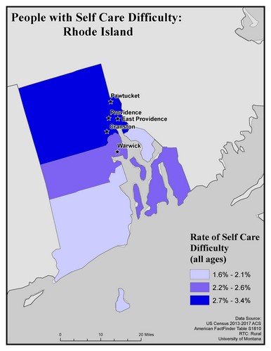 Map of RI showing rates of self-care difficulty. Text description on page.