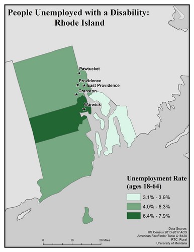 Map of RI showing rates of unemployment for people with disabilities. Text description on page.