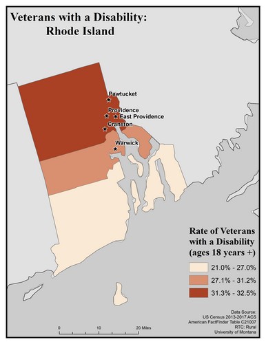 Map of RI showing rates of veterans with disability. Text description on page.